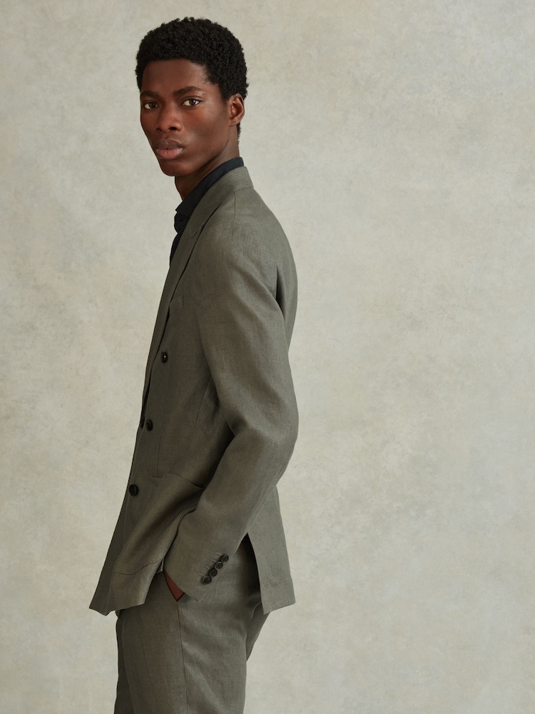 Reiss Dark Sage Halgas Linen Double Breasted Blazer - Image 2 of 7