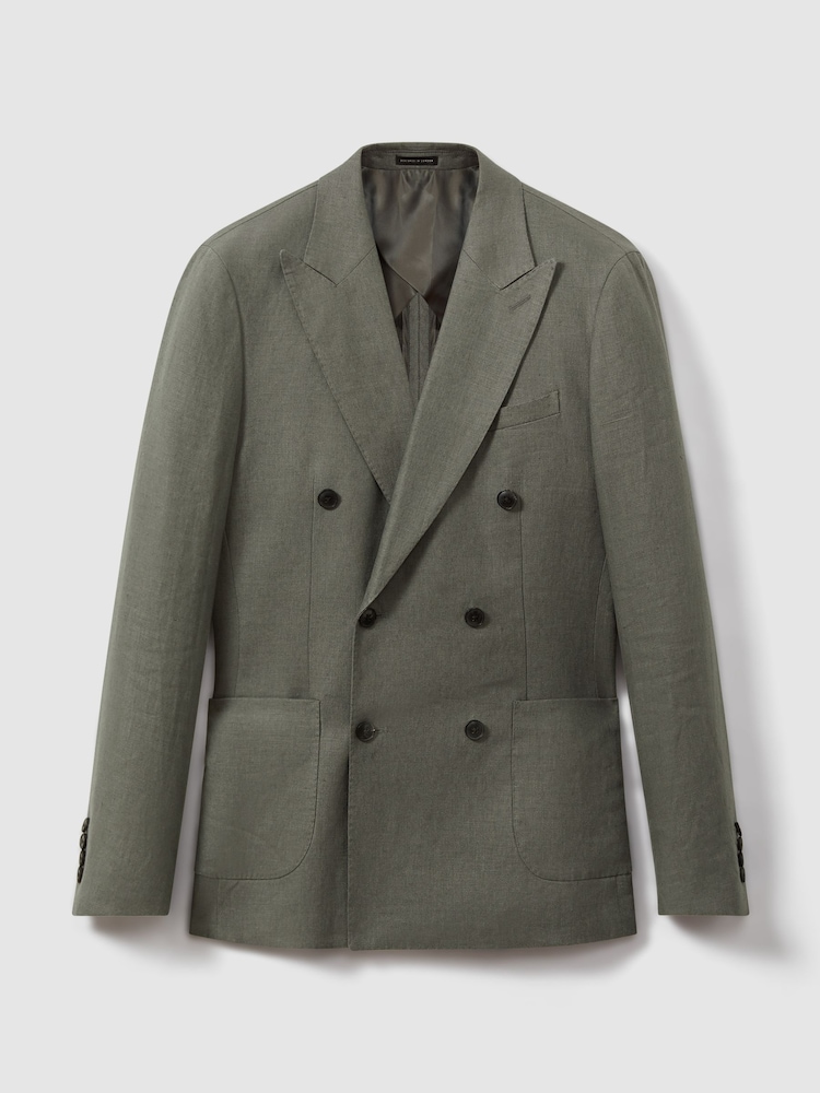 Reiss Dark Sage Halgas Linen Double Breasted Blazer - Image 7 of 7