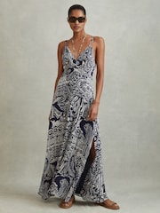 Reiss Navy Quinn Printed Strappy Resort Midi Dress - Image 1 of 6