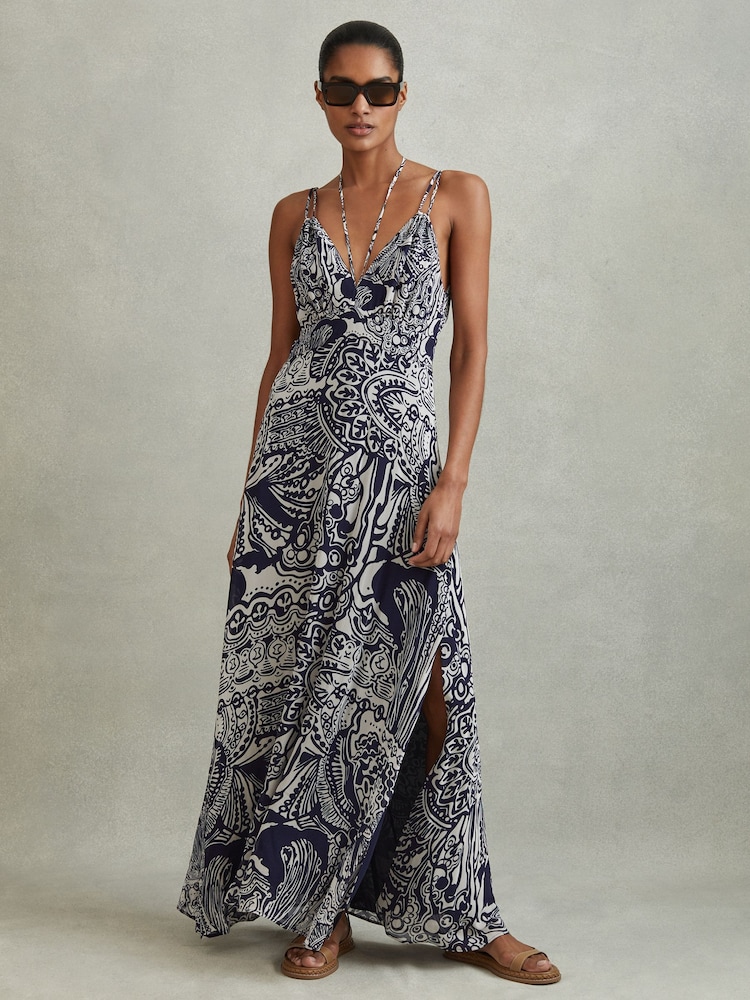 Reiss Navy Quinn Printed Strappy Resort Midi Dress - Image 1 of 6