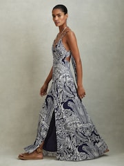 Reiss Navy Quinn Printed Strappy Resort Midi Dress - Image 4 of 6