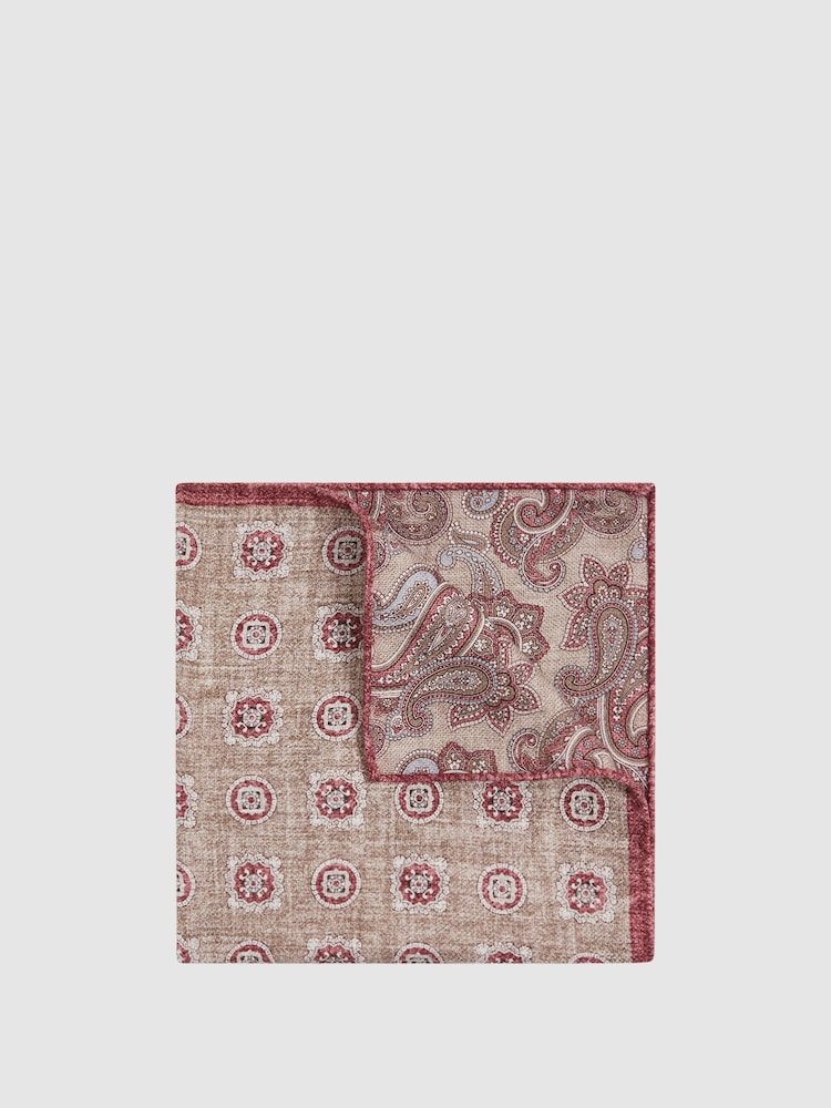 Reiss Oatmeal/Rose Tindari Silk Reversible Pocket Square - Image 1 of 5 Reiss Oatmeal/Rose Tindari Silk Reversible Pocket Square - Image 1 of 5