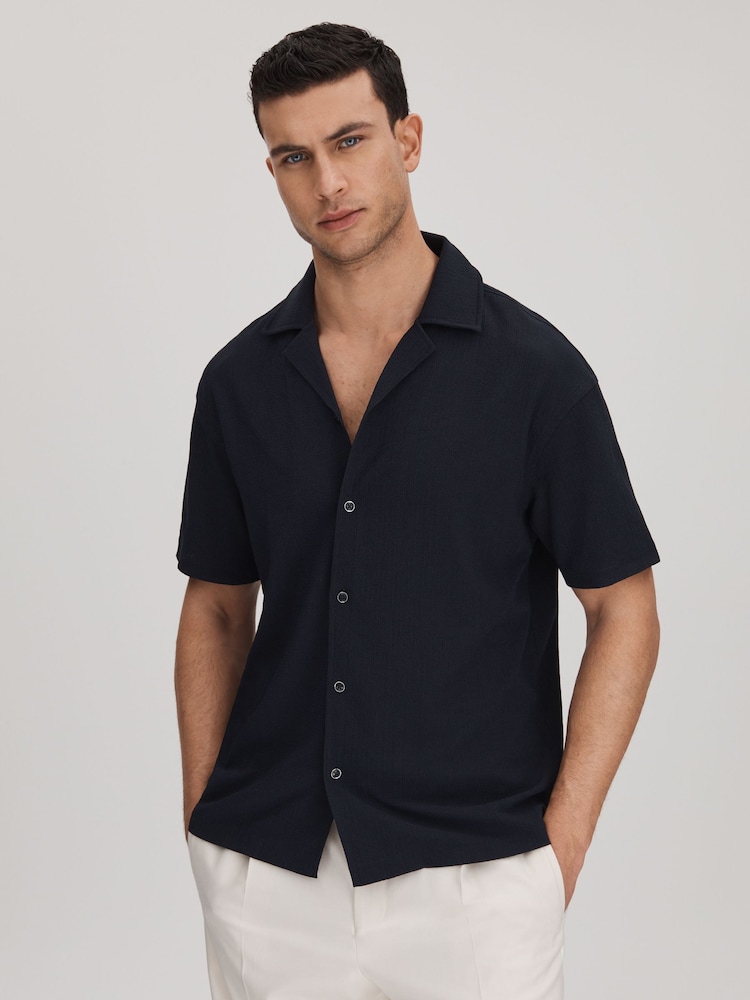 Reiss Navy Hunt Textured Crepe Cuban Collar Shirt - Image 1 of 6