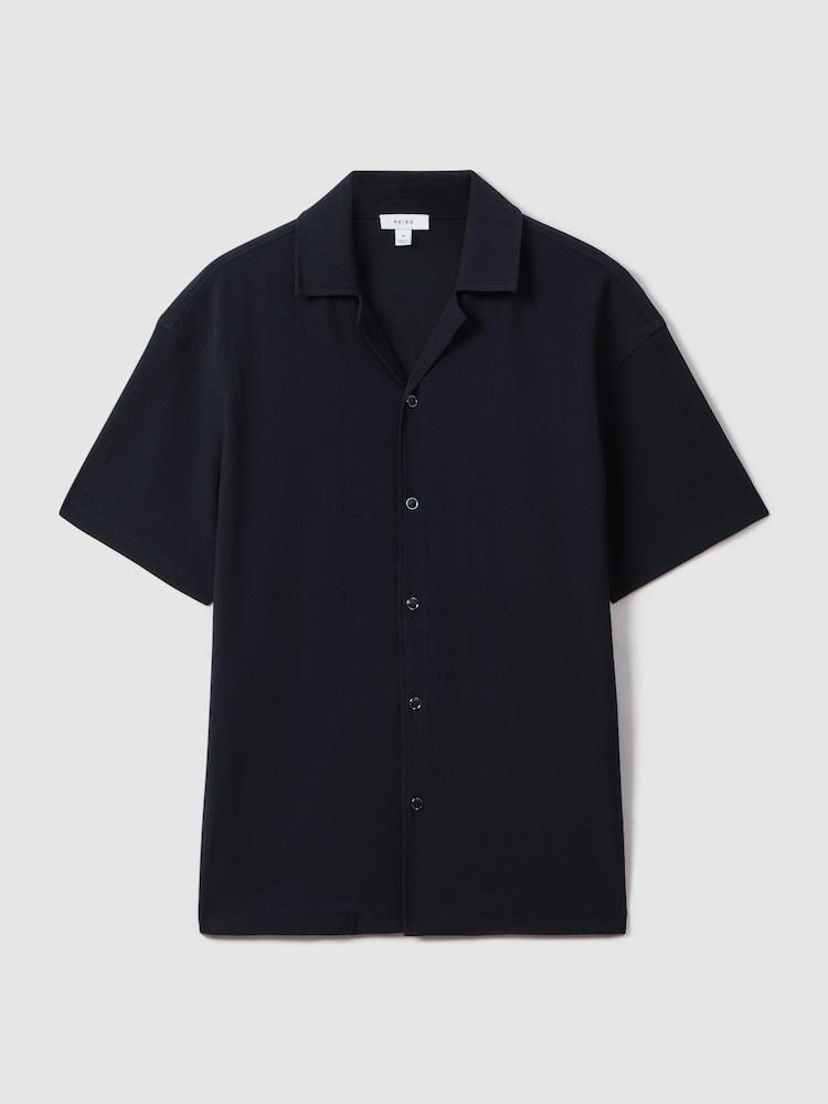 Reiss Navy Hunt Textured Crepe Cuban Collar Shirt - Image 2 of 6