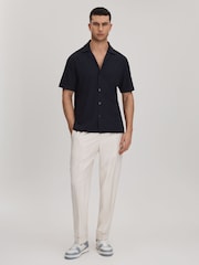 Reiss Navy Hunt Textured Crepe Cuban Collar Shirt - Image 3 of 6