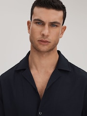 Reiss Navy Hunt Textured Crepe Cuban Collar Shirt - Image 4 of 6