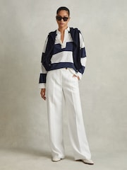 Reiss Navy/Ivory Abigail Striped Cotton Open-Collar Jumper - Image 1 of 6