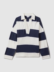 Reiss Navy/Ivory Abigail Striped Cotton Open-Collar Jumper - Image 2 of 6