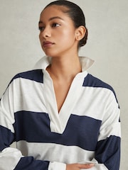 Reiss Navy/Ivory Abigail Striped Cotton Open-Collar Jumper - Image 3 of 6