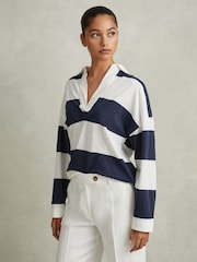 Reiss Navy/Ivory Abigail Striped Cotton Open-Collar Jumper - Image 4 of 6