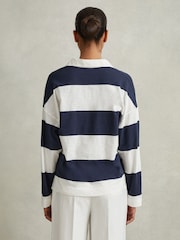 Reiss Navy/Ivory Abigail Striped Cotton Open-Collar Jumper - Image 5 of 6