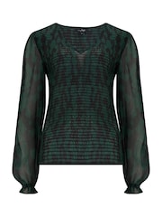 Pour Moi Green Willow Shirred Bodice Chiffon Long Sleeve V-Neck Blouse - Image 3 of 4