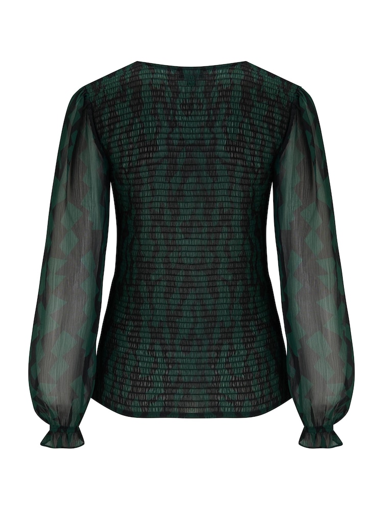 Pour Moi Green Willow Shirred Bodice Chiffon Long Sleeve V-Neck Blouse - Image 4 of 4