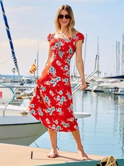Sosandar Red Floral Print Shirred Waist Midi Dress - Image 1 of 4