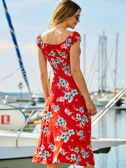 Sosandar Red Floral Print Shirred Waist Midi Dress - Image 2 of 4