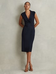 Reiss Navy Elle Knitted Wrap-Front Midi Dress - Image 1 of 5