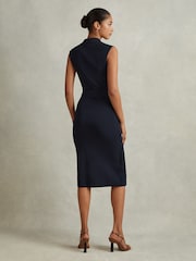 Reiss Navy Elle Knitted Wrap-Front Midi Dress - Image 4 of 5