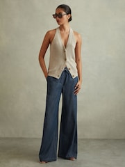 Reiss Mid Blue Carter Denim Look Wide Leg Trousers - Image 1 of 6