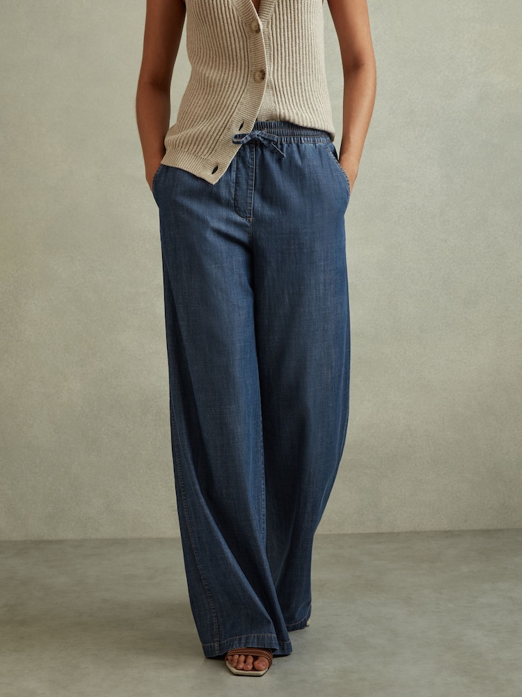 Reiss Mid Blue Carter Denim Look Wide Leg Trousers - Image 3 of 6