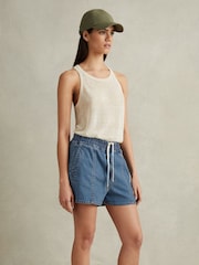 Reiss Mid Blue Isaac Lyocell Blend Denim Drawstring Shorts - Image 1 of 5
