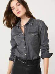 Washed Black Fitted Western Denim Shirt - Image 1 of 6