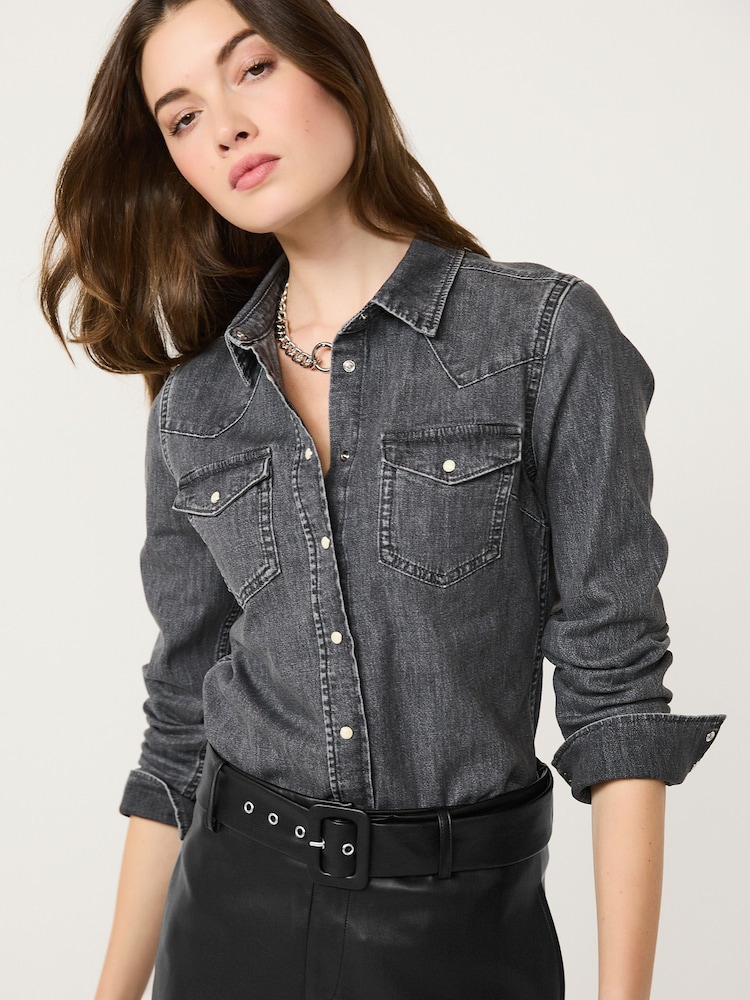 Washed Black Fitted Western Denim Shirt - Image 1 of 6