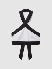 Reiss White/Navy Rebecca Linen Halterneck Cropped Top - Image 2 of 6