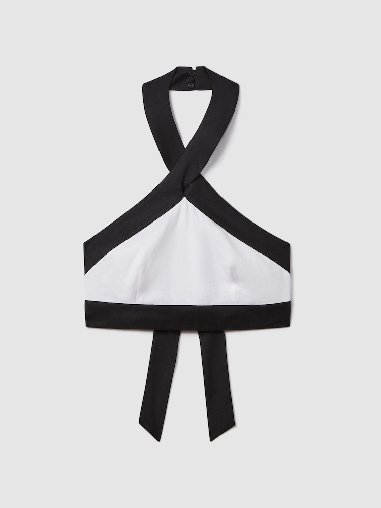 Reiss White/Navy Rebecca Linen Halterneck Cropped Top - Image 2 of 6