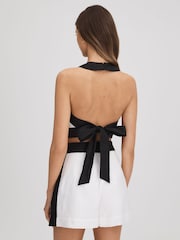 Reiss White/Navy Rebecca Linen Halterneck Cropped Top - Image 6 of 6