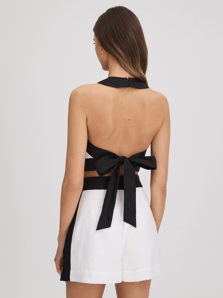 Reiss White/Navy Rebecca Linen Halterneck Cropped Top - Image 6 of 6