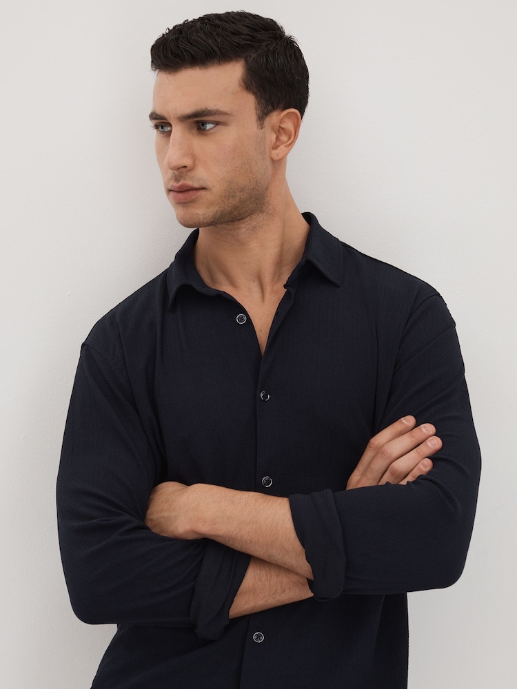 Reiss Navy Corsica Textured Button-Through Shirt - Image 1 of 6 Reiss Navy Corsica Textured Button-Through Shirt - Image 1 of 6
