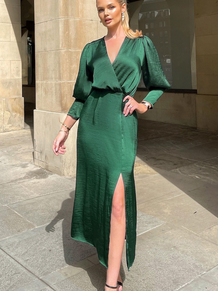 AX Paris Green Satin Wrap Top Long Sleeve Midi Dress - Image 1 of 4 AX Paris Green Satin Wrap Top Long Sleeve Midi Dress - Image 1 of 4