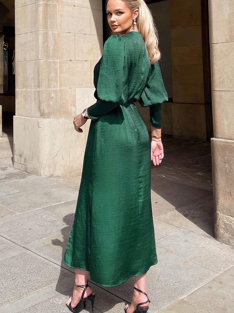 AX Paris Green Satin Wrap Top Long Sleeve Midi Dress - Image 2 of 4 AX Paris Green Satin Wrap Top Long Sleeve Midi Dress - Image 2 of 4