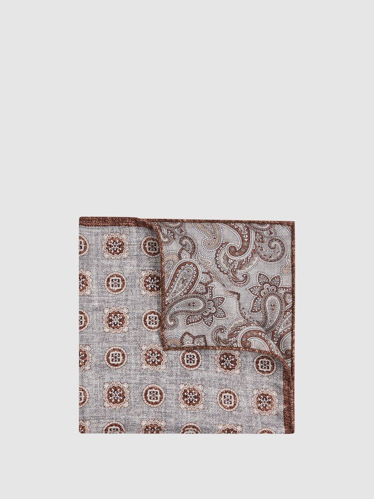Reiss Grey Melange Tindari Silk Reversible Pocket Square - Image 1 of 5