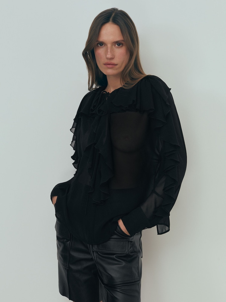 Reiss Black Kiani Atelier Silk Ruffle Blouse - Image 1 of 7