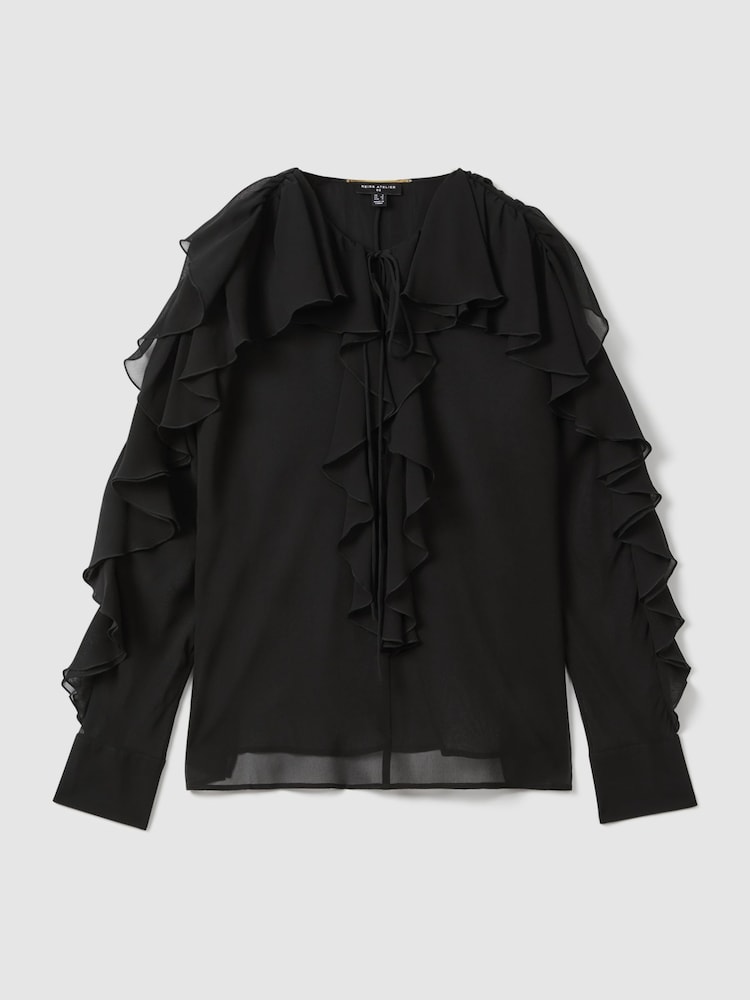 Reiss Black Kiani Atelier Silk Ruffle Blouse - Image 2 of 7
