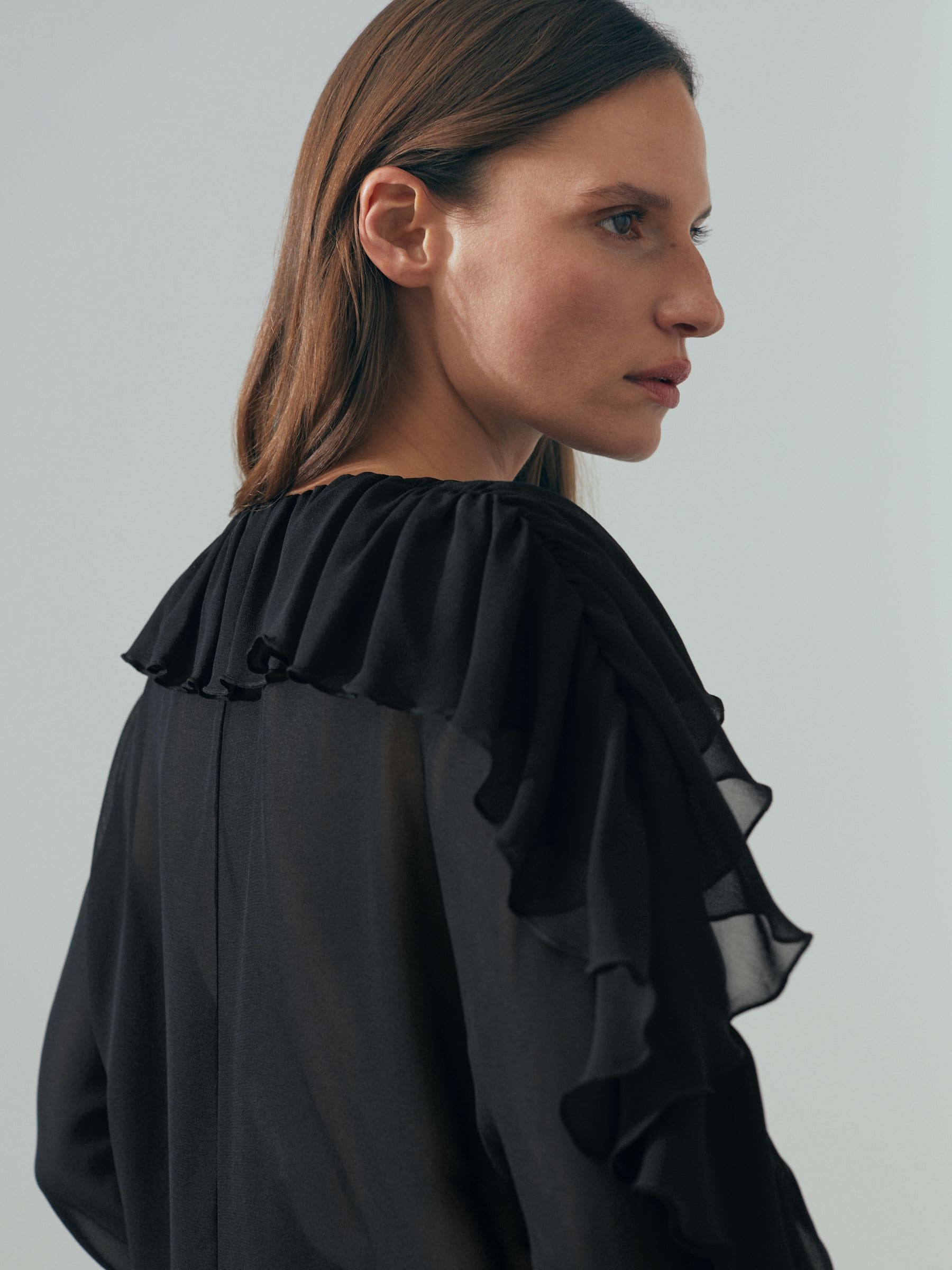black silk ruffle blouse