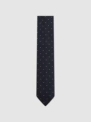 Reiss Navy Lorenzo Silk Blend Textured Polka Dot Tie - Image 1 of 5