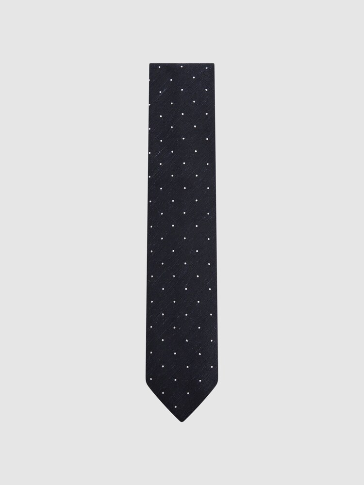 Reiss Navy Lorenzo Silk Blend Textured Polka Dot Tie - Image 1 of 7 Reiss Navy Lorenzo Silk Blend Textured Polka Dot Tie - Image 1 of 7