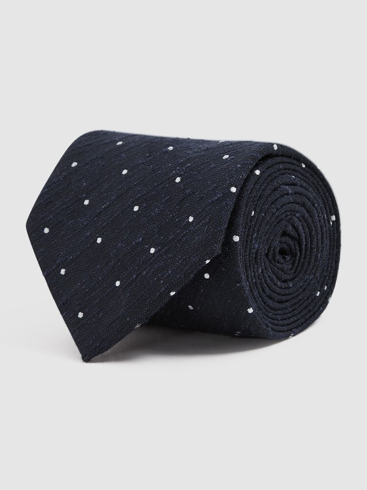 Reiss Navy Lorenzo Silk Blend Textured Polka Dot Tie - Image 5 of 5