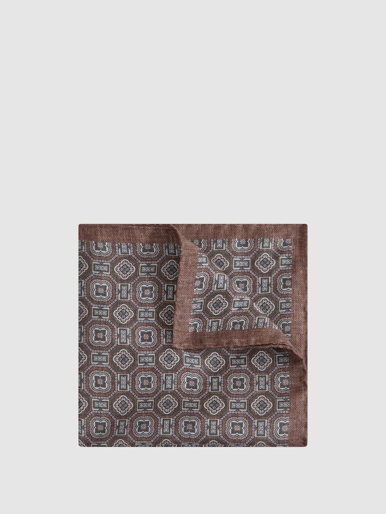Reiss Tobacco Rocco Silk Medallion Print Pocket Square - Image 1 of 4