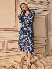 Cath Kidston Navy Floral Print 100% Cotton Poplin Robe - Image 1 of 5