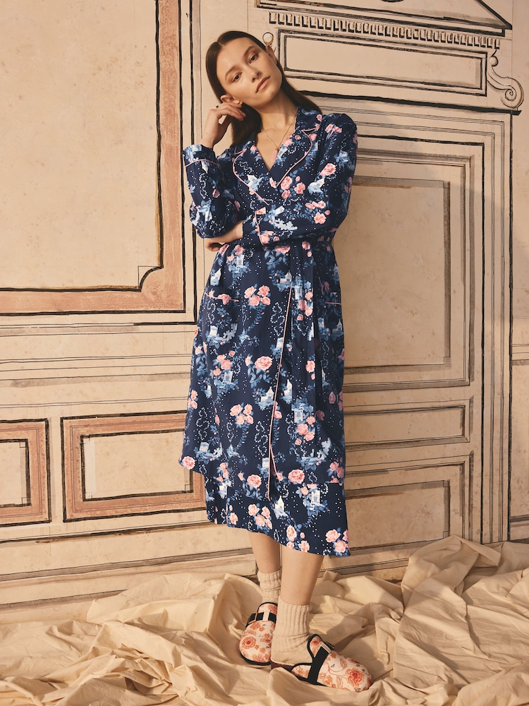 Cath Kidston Navy Floral Print 100% Cotton Poplin Robe - Image 1 of 5