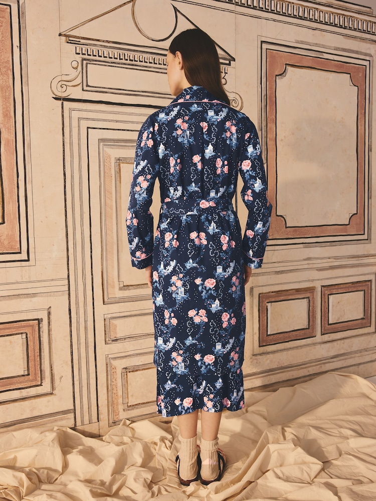 Cath Kidston Navy Floral Print 100% Cotton Poplin Robe - Image 2 of 5
