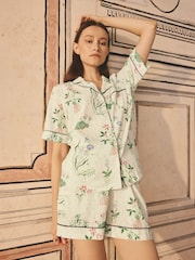 Cath Kidston Ecru Roots Print 100% Cotton Poplin Button Through Pyjama Shorts Set - Image 1 of 7