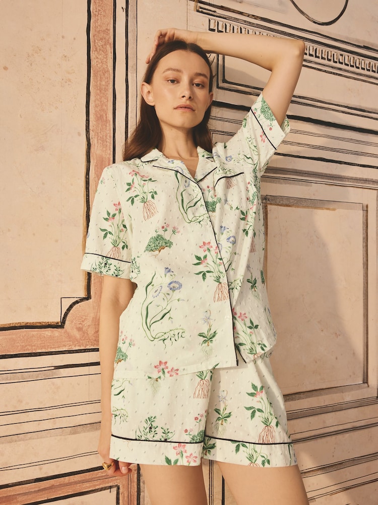 Cath Kidston Ecru Roots Print 100% Cotton Poplin Button Through Pyjama Shorts Set - Image 1 of 7