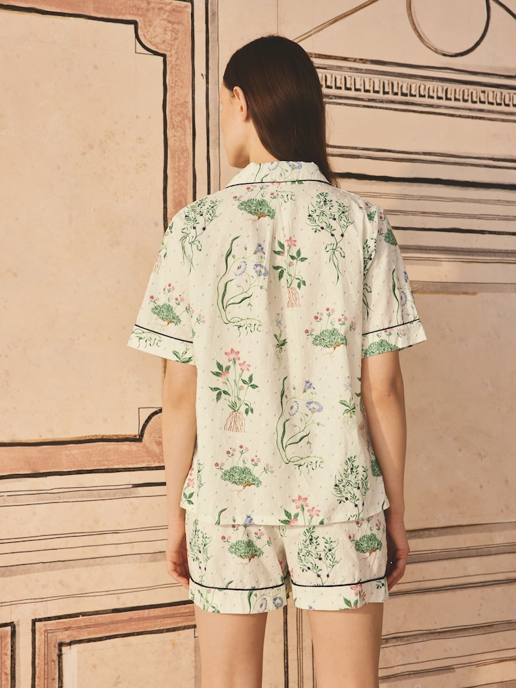 Cath Kidston Ecru Roots Print 100% Cotton Poplin Button Through Pyjama Shorts Set - Image 2 of 7