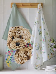 Set of 2 Sage Green Charlie Cockapoo 100% Cotton Tea Towels - Image 1 of 4