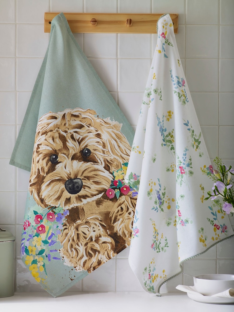 Set of 2 Sage Green Charlie Cockapoo 100% Cotton Tea Towels - Image 1 of 4