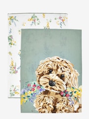 Set of 2 Sage Green Charlie Cockapoo 100% Cotton Tea Towels - Image 2 of 4